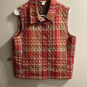 Christopher & Banks Red Multi Plaid Quilted Snap Front Vest Large